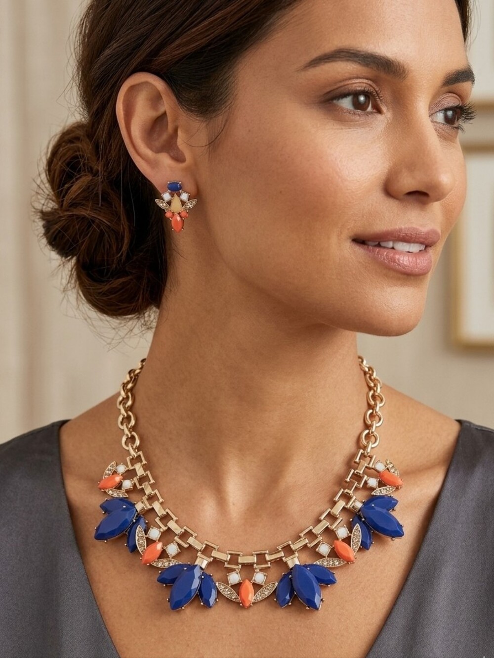GV9 Necklace Statement Cobalt Blue & Apricot Runway Jewelry set Gold Tone VGT